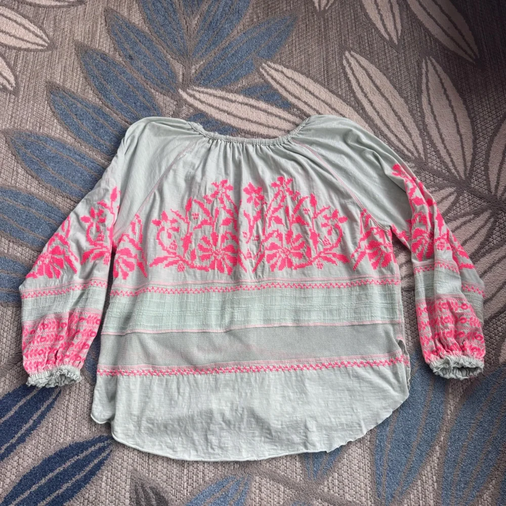 Free People Persuasion Embroidered‎ Balloon Sleeve Top Sz S Mint Green Pink Boho